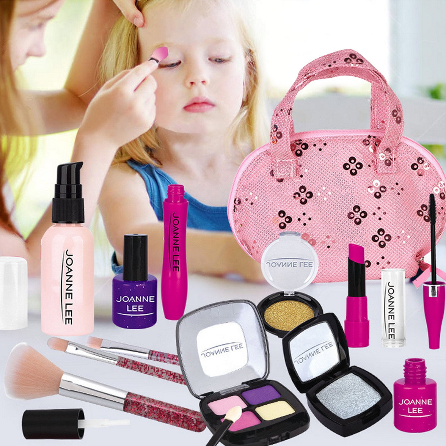 Kid Girls Makeup Set tool Eco-friendly Cosmetic Pretend Play Kit Princess Toy Pink Bag