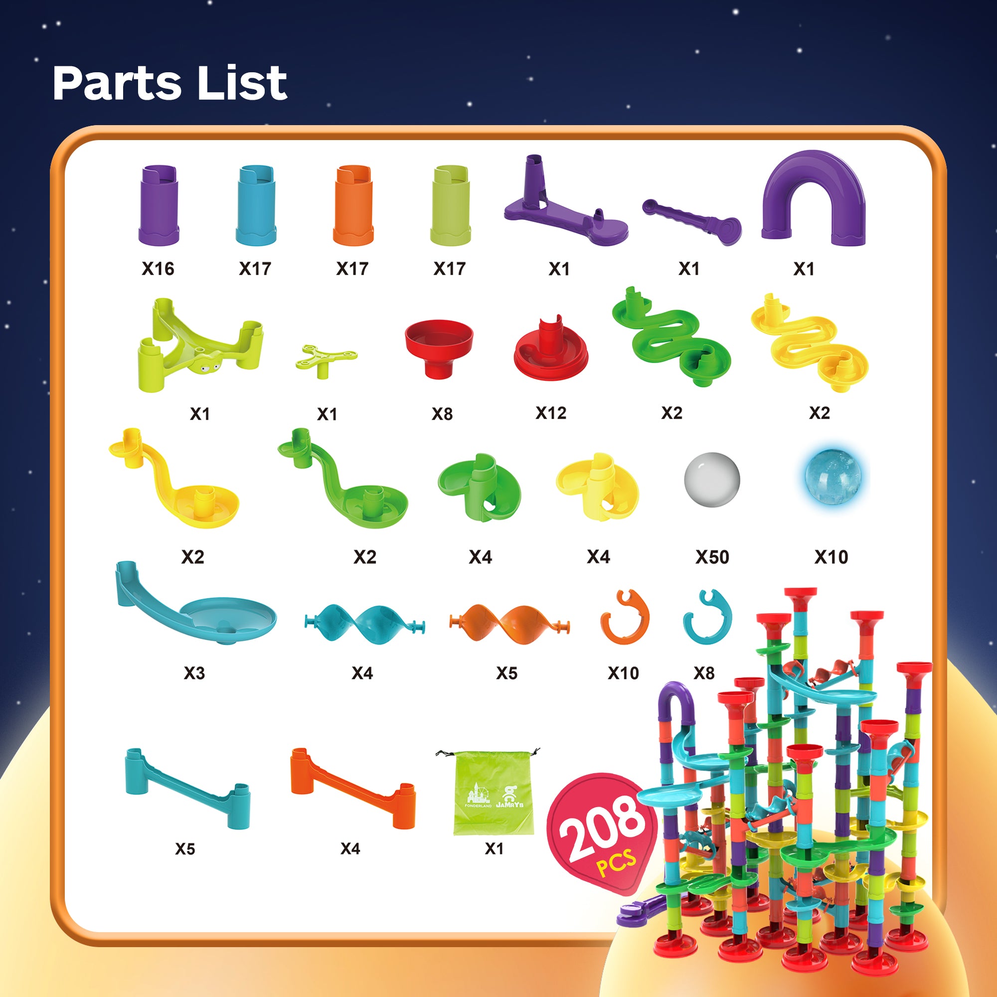 Fonderland 208pcs Marble Race Run Building Blocks with Luminous Beads Toys Educational Preschool Kids Large Deluxe Set