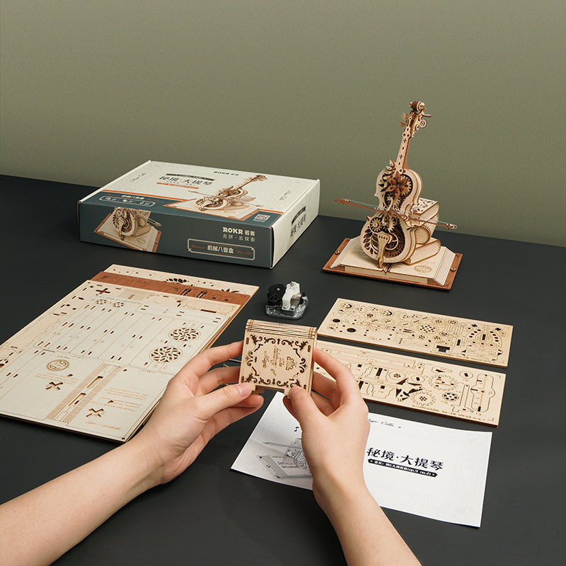 Robotime ROKR Magic Cello Mechanical Music Box 3D Wooden Puzzle Magical Mystery  Funny Toy for Kids Child