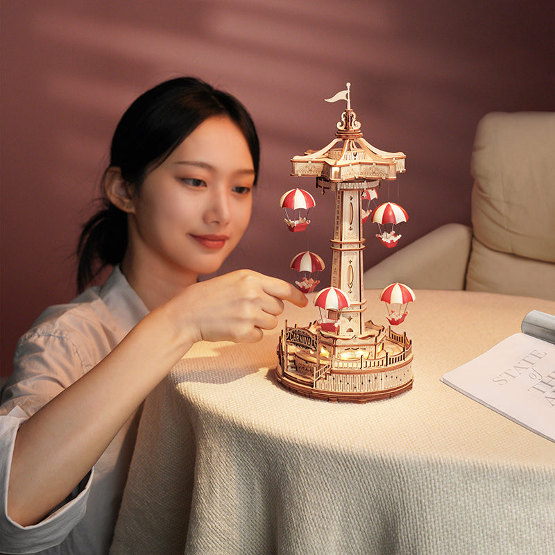 Robotime ROKR Parachute Tower DIY Music Box 3D Wooden Puzzle Magic Amusement Park Series Funny Toy for Kids EA01