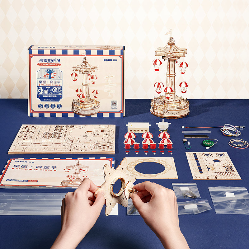 Robotime ROKR Parachute Tower DIY Music Box 3D Wooden Puzzle Magic Amusement Park Series Funny Toy for Kids EA01