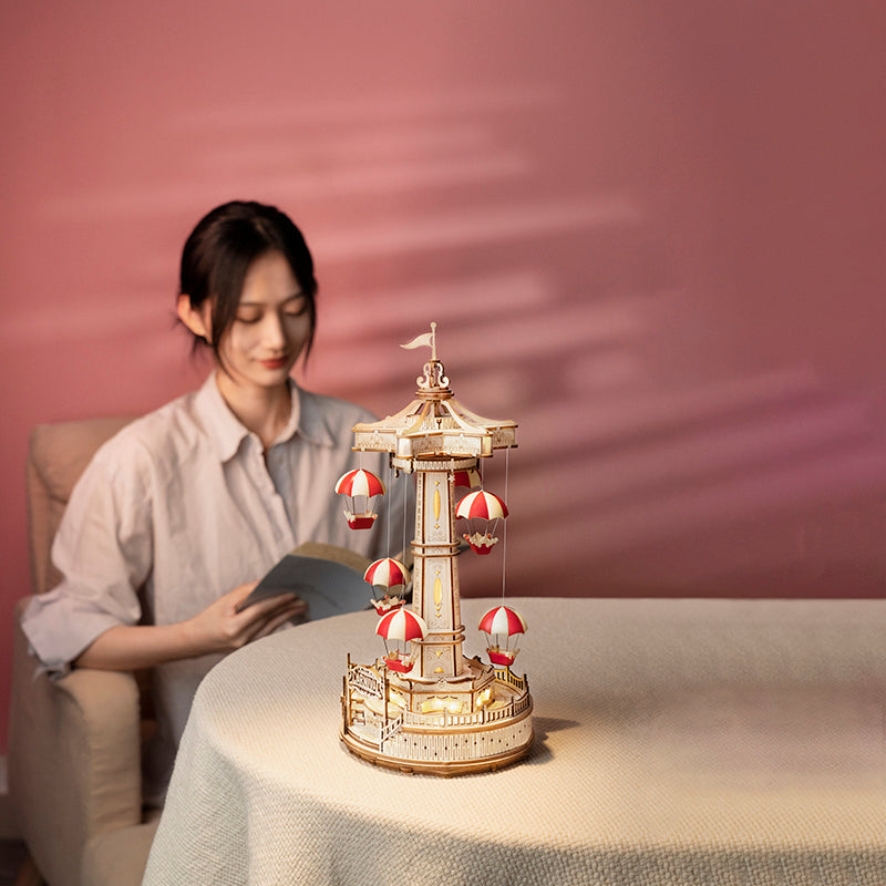 Robotime ROKR Parachute Tower DIY Music Box 3D Wooden Puzzle Magic Amusement Park Series Funny Toy for Kids EA01