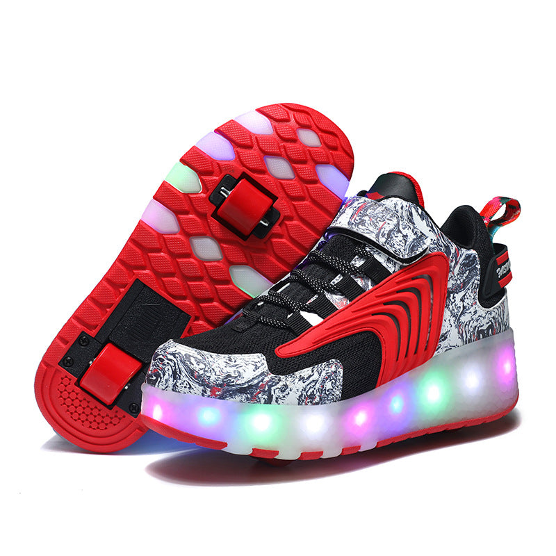 Roller Skate Sneaker Wheeled rechargeable LED Flash Light Sneakers Roller Skate Shoes For Kids With Double Wheel red&black