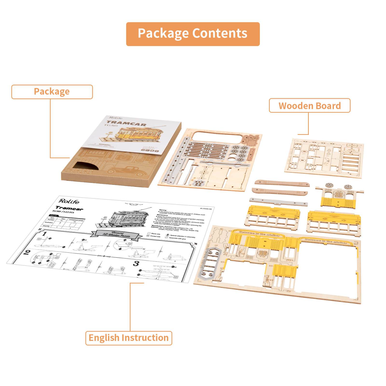 Robotime Rolife Vintage Retro Tramcar Modern DIY 3D Wooden Puzzle Model Kit Toy TG505
