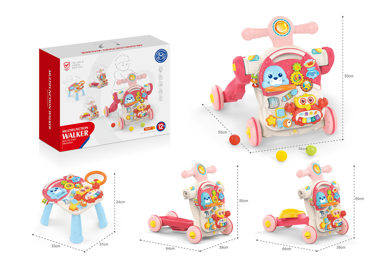 4-in-1 Kids Baby Game Table Walker Scooter Stroller Game Toddler Music Panel Activity Early Learning