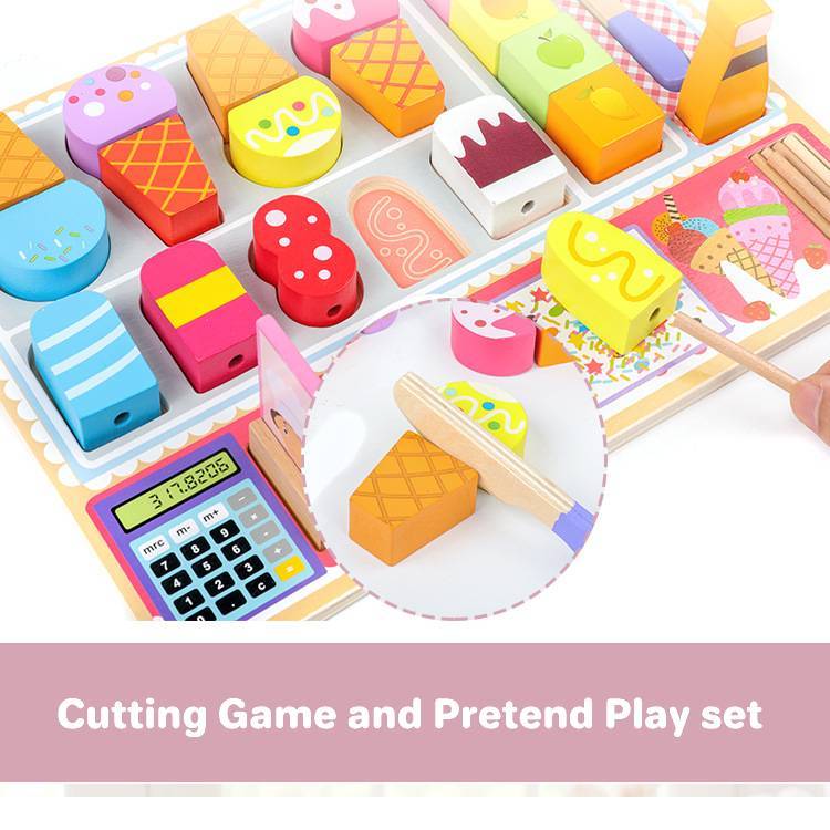 Ice Cream Shop Cutting Wooden Pretend Play Set Educational Toys Kids Food Games
