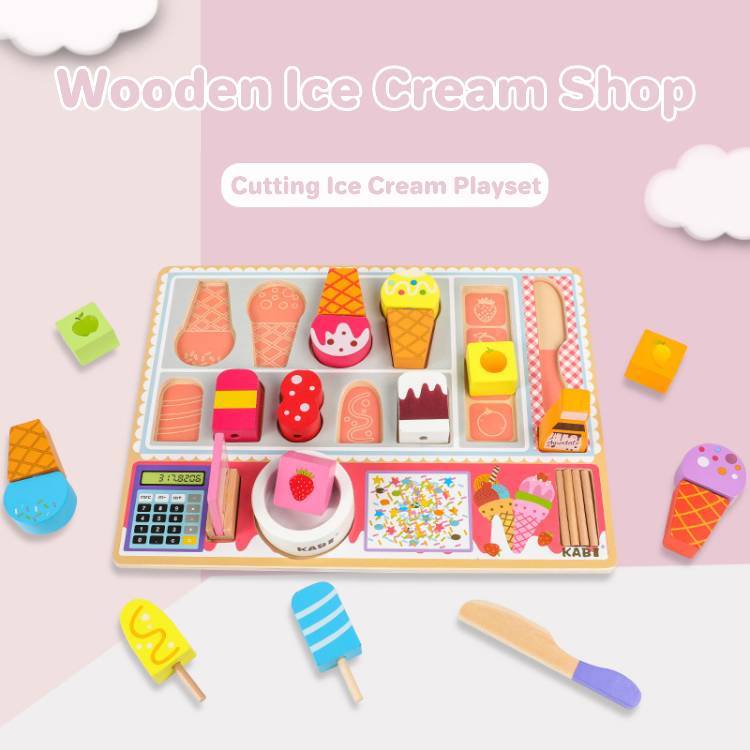 Ice Cream Shop Cutting Wooden Pretend Play Set Educational Toys Kids Food Games